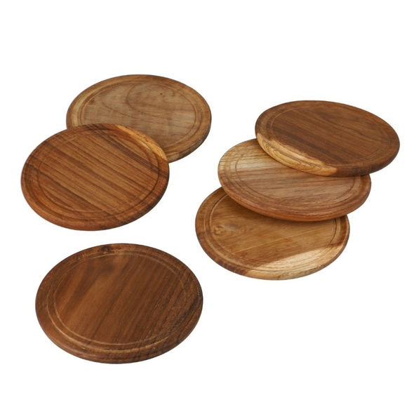 NWT Set of 6 Handcrafted Teak Wood Coasters with Hand Carved Stand - Picture 7 of 9